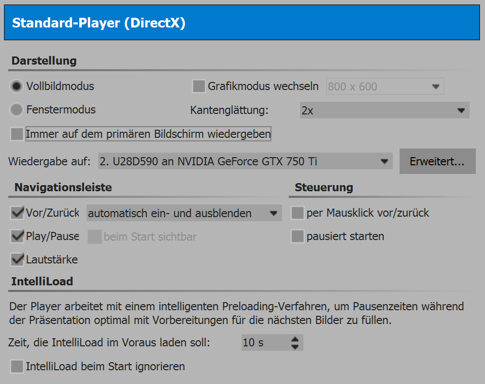 Settings for the player in Stages