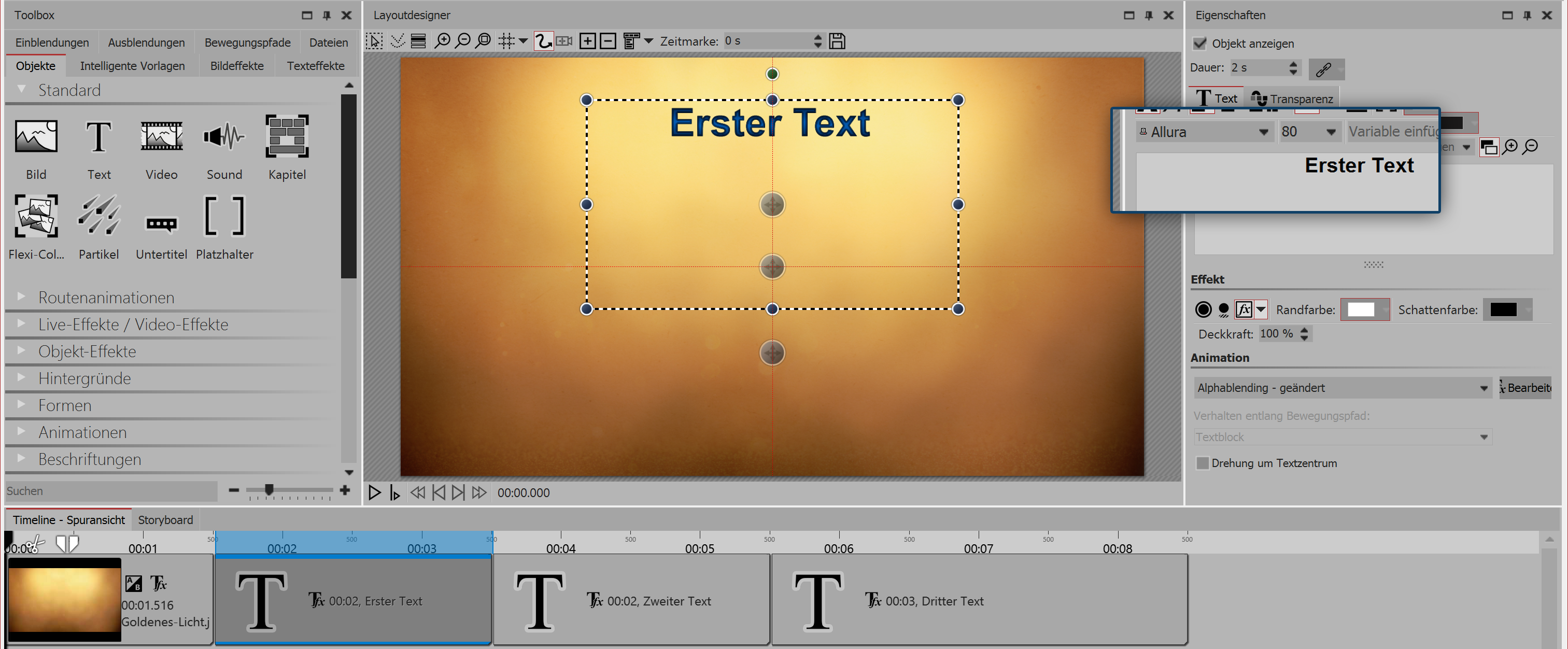 Entering text and selecting animation