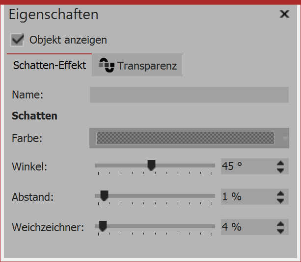 Settings for the shadow effect