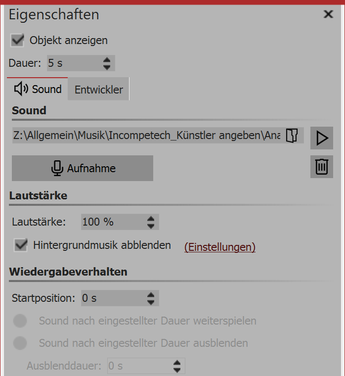 Settings for sound object