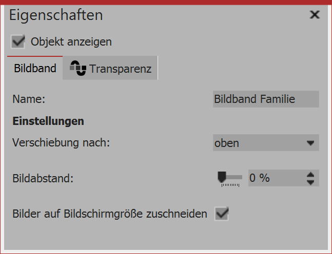 Settings for the image strip effect