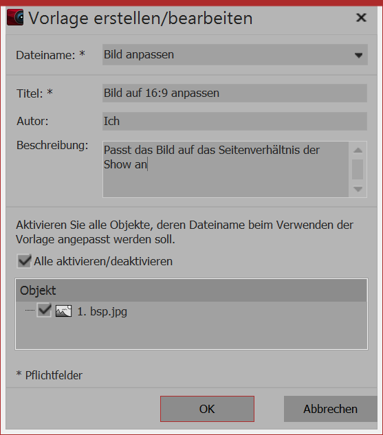 Settings for customized object