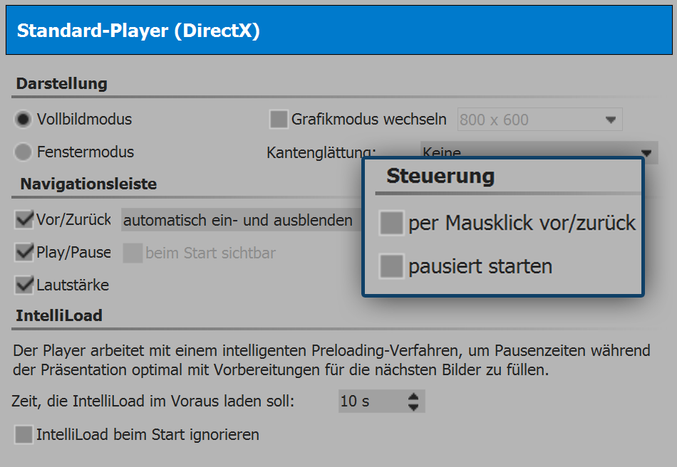Settings for the player in DiaShow Ultimate