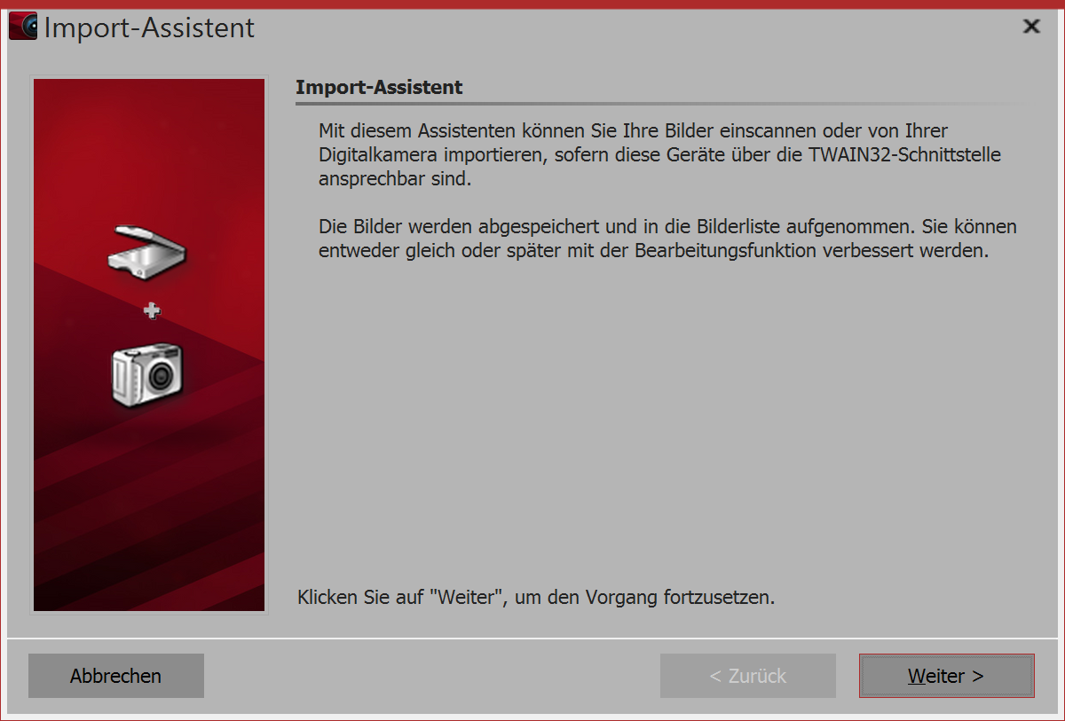 Start dialog in the import wizard