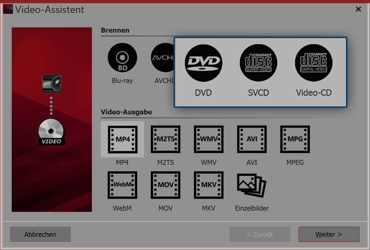 Video wizard for DVD, SVCD and video CD