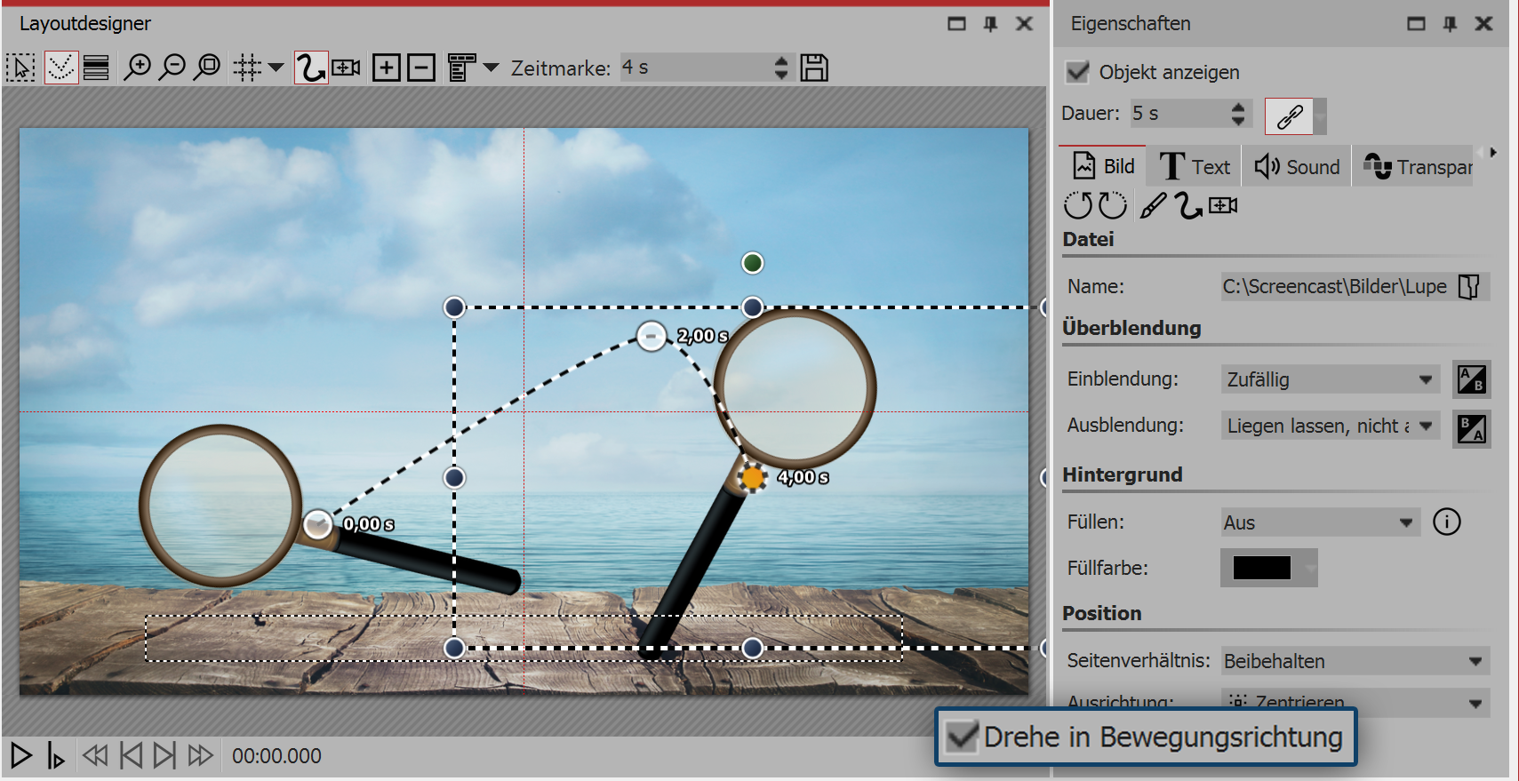 View of the layout designer and properties