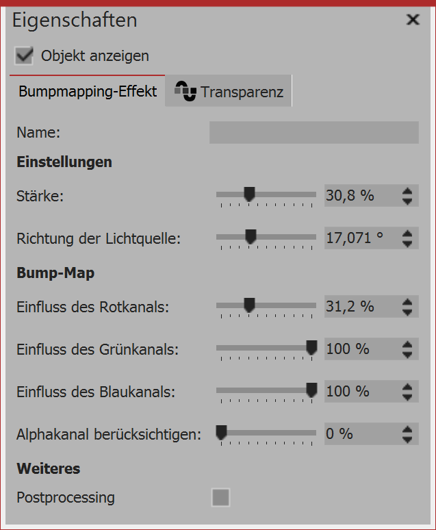 Settings for bump mapping effect
