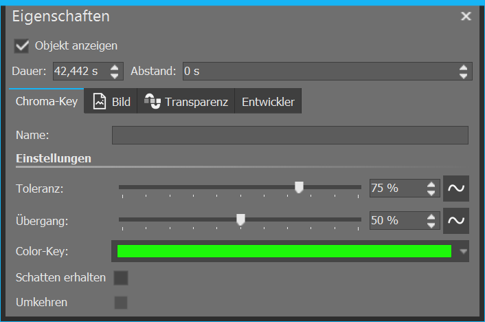 Settings for chroma key effect