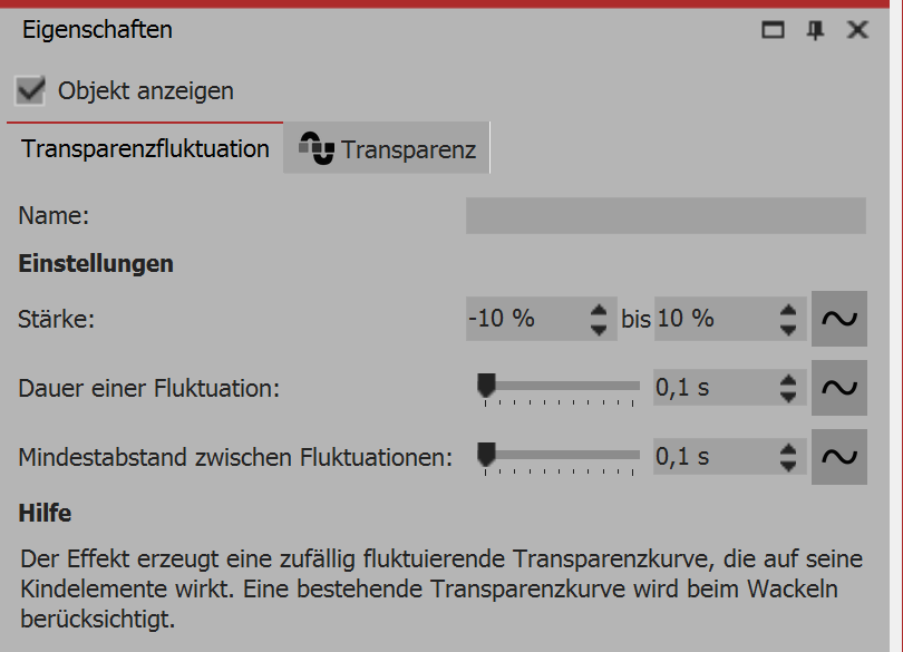 Settings for the transparency curve