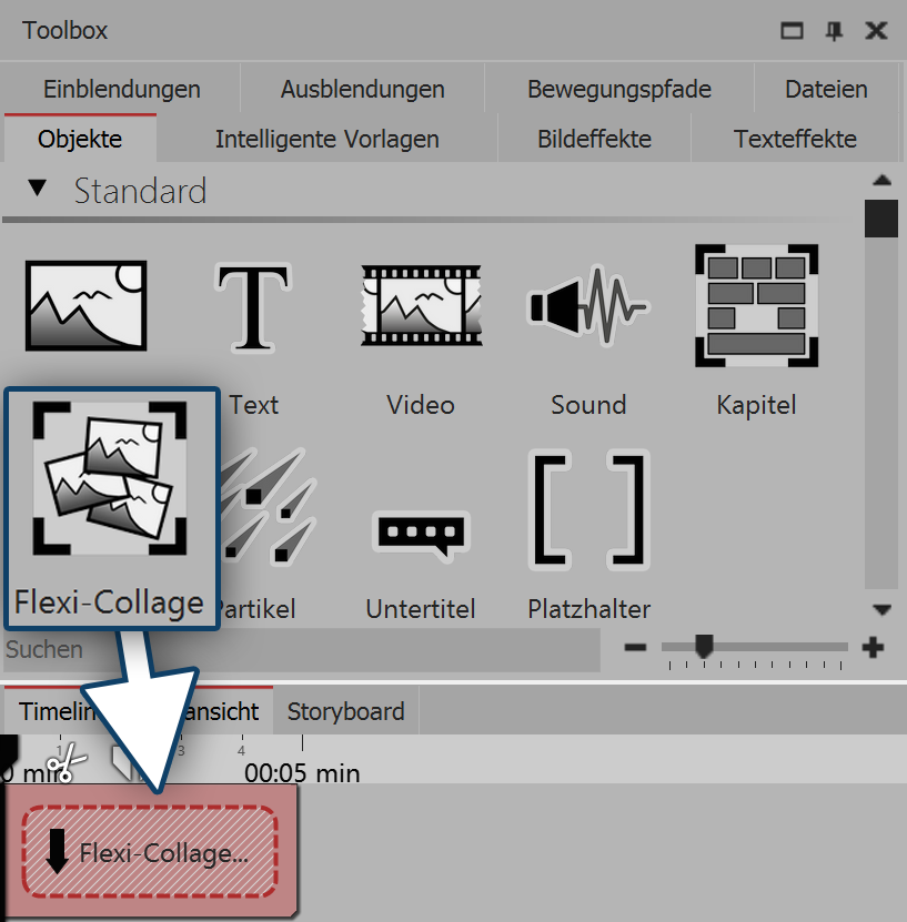Dragging a flexi-collage from the toolbox into the timeline Dragging a flexi-collage from the toolbox into the timeline