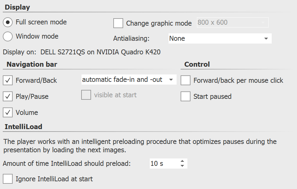 Settings for Player in Video Vision