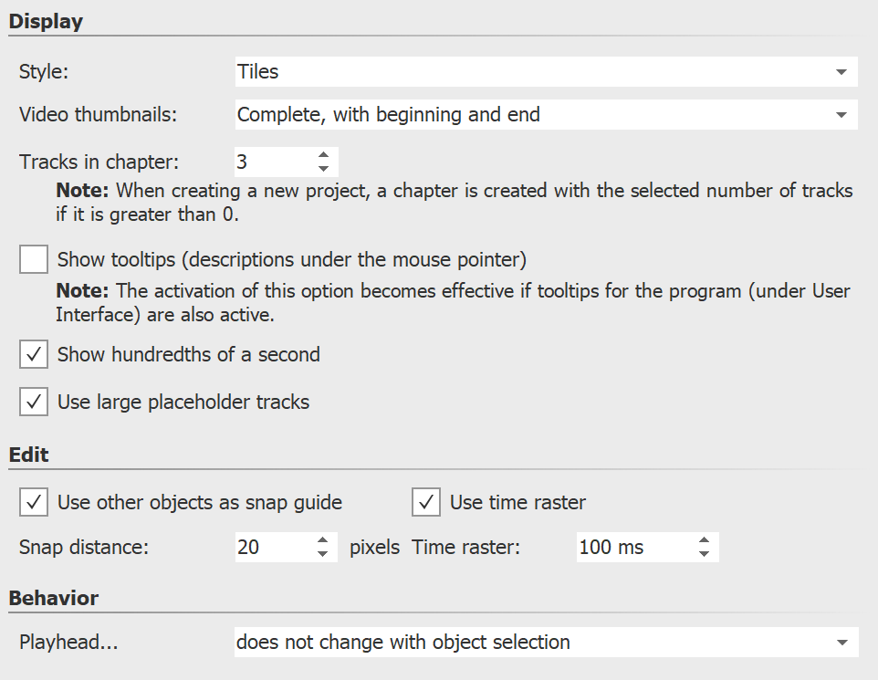 Settings for Timeline