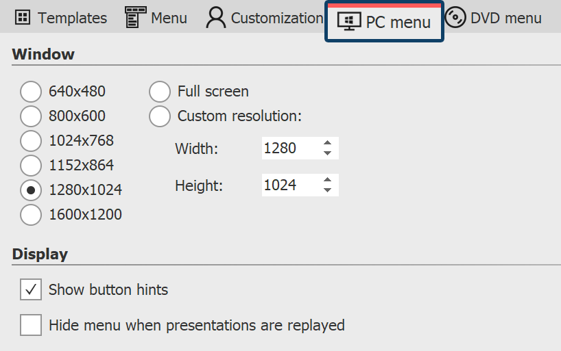 Settings for PC menu