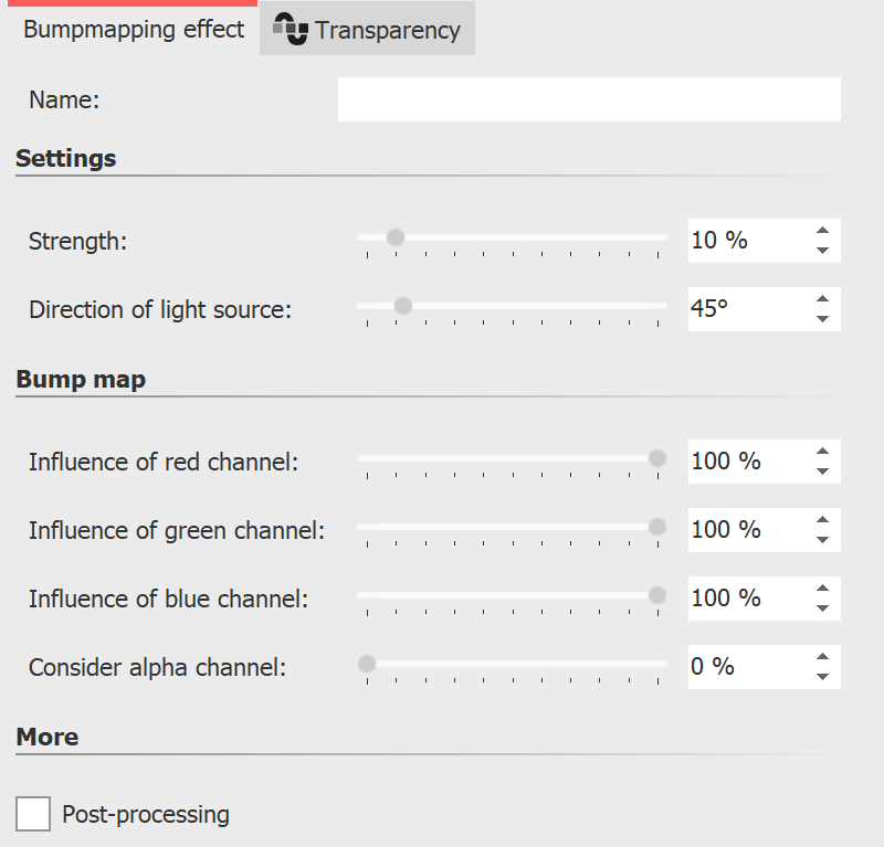 Settings for bump mapping effect