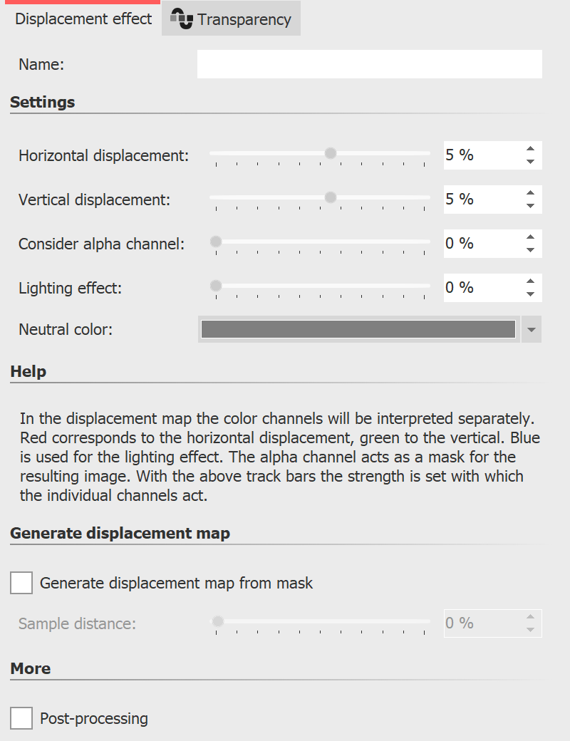 Settings for Displacement effect