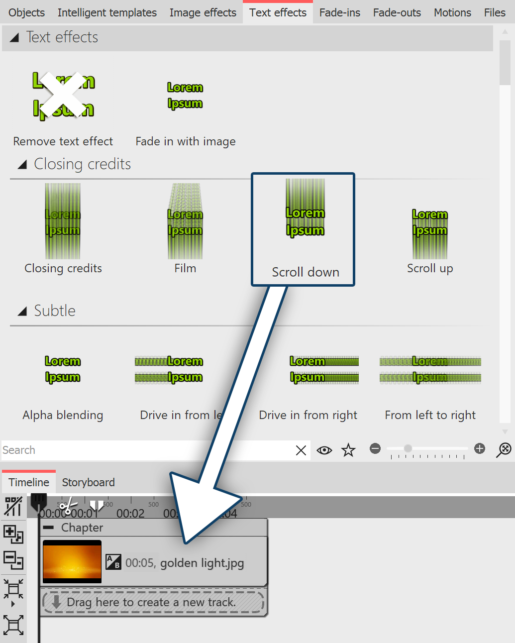 Drag text effect onto image in the Timeline or Layout designer