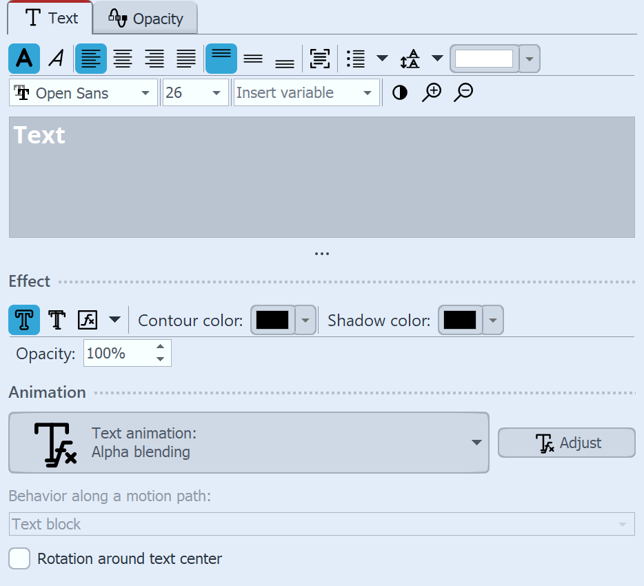 Properties for Text object