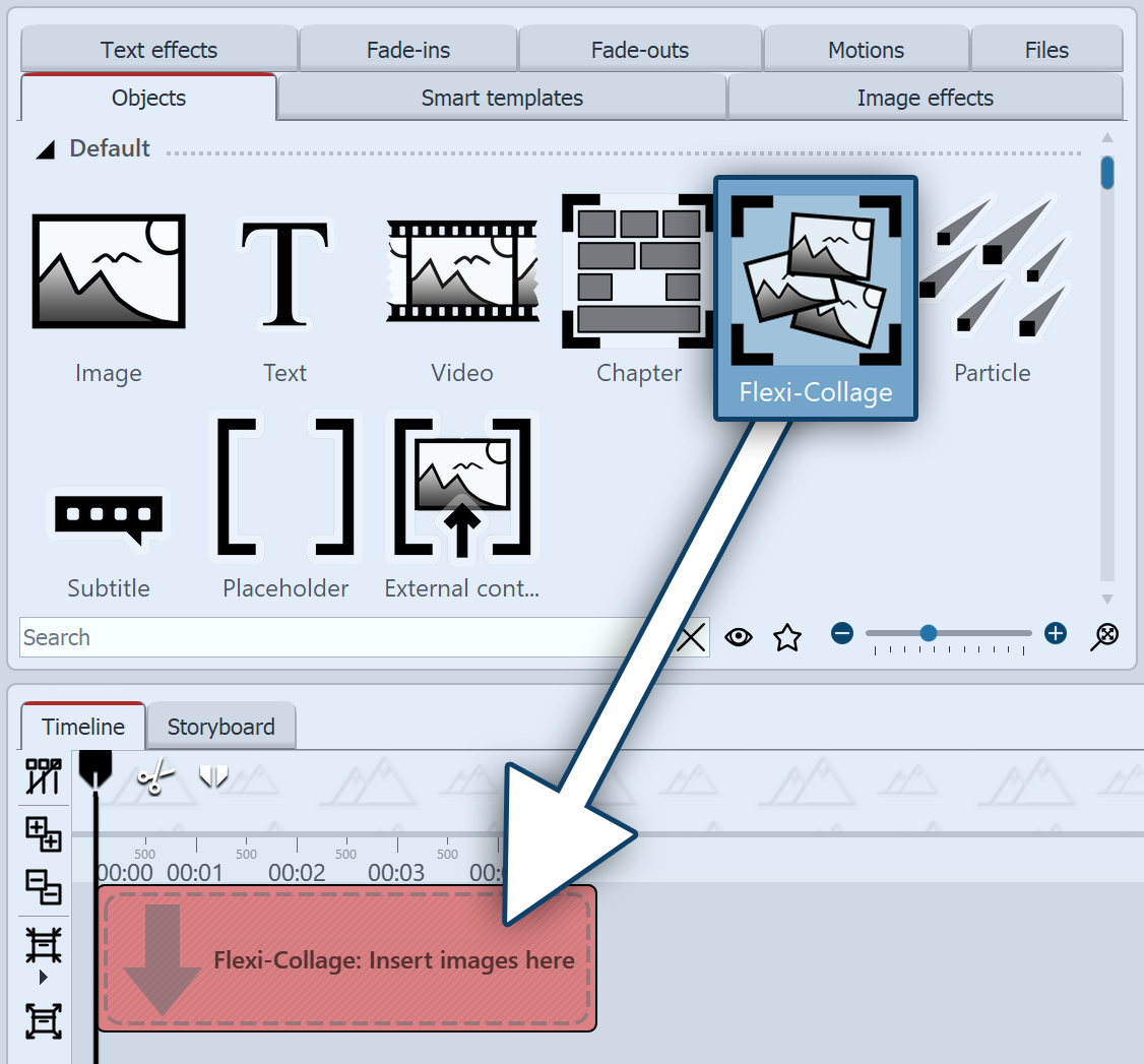 Dragging a Flexi-Collage from the Toolbox to the Timeline Dragging a Flexi-Collage from the Toolbox to the Timeline