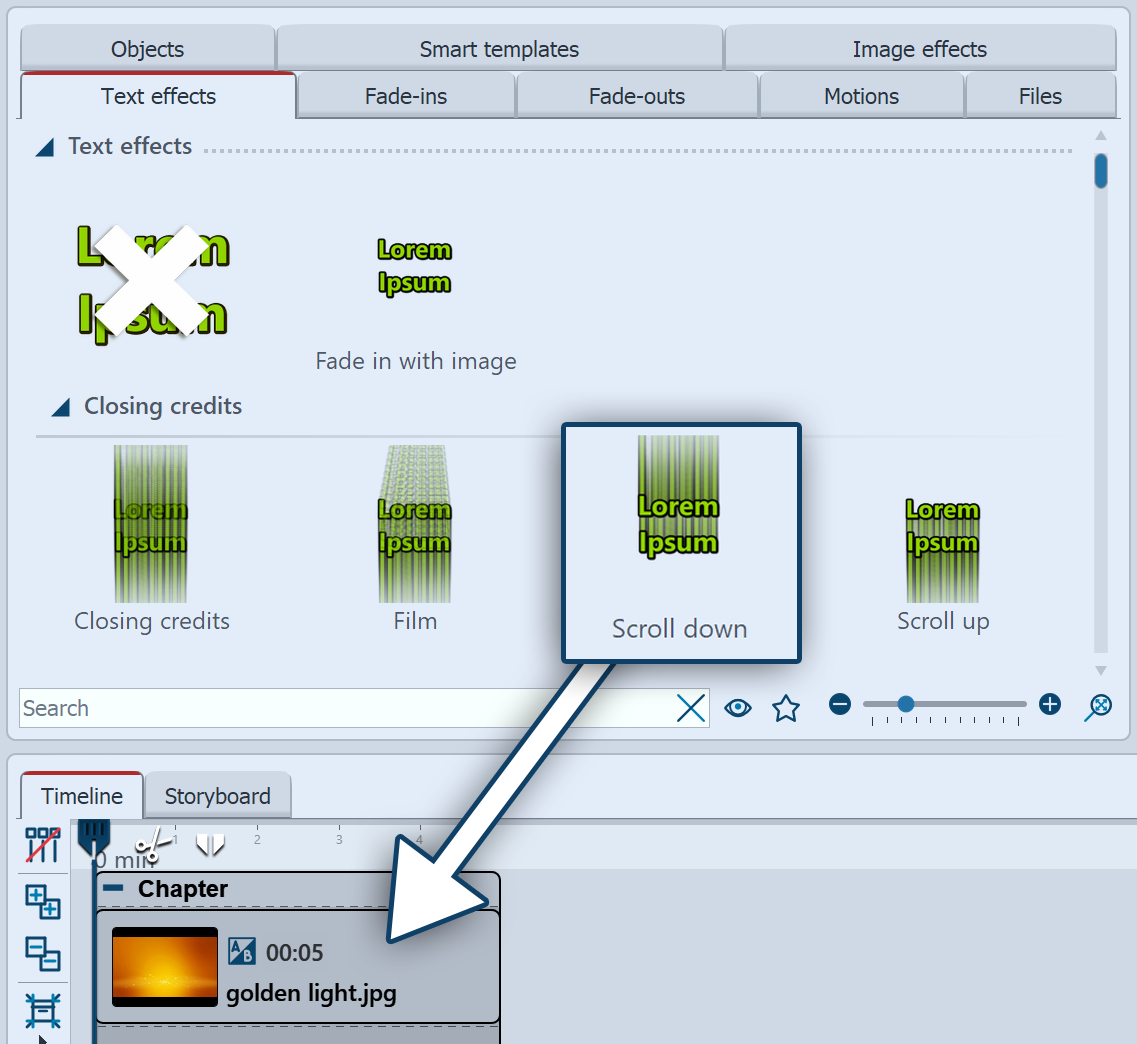 Drag text effect onto image in the Timeline or Layout designer