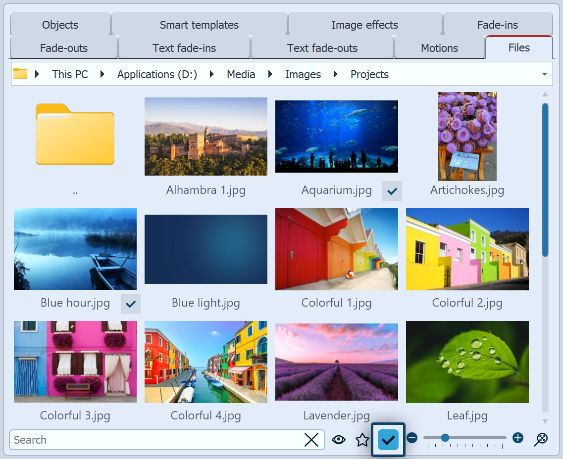 Content used in the project is marked with a tick in the file browser