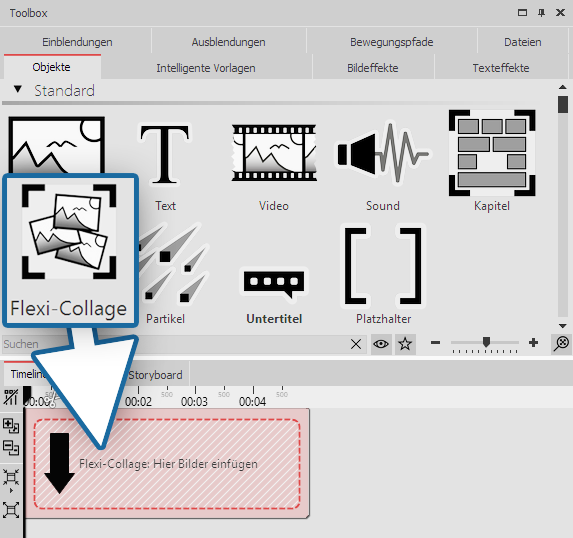 Dragging a flexi-collage from the toolbox into the timeline Dragging a flexi-collage from the toolbox into the timeline