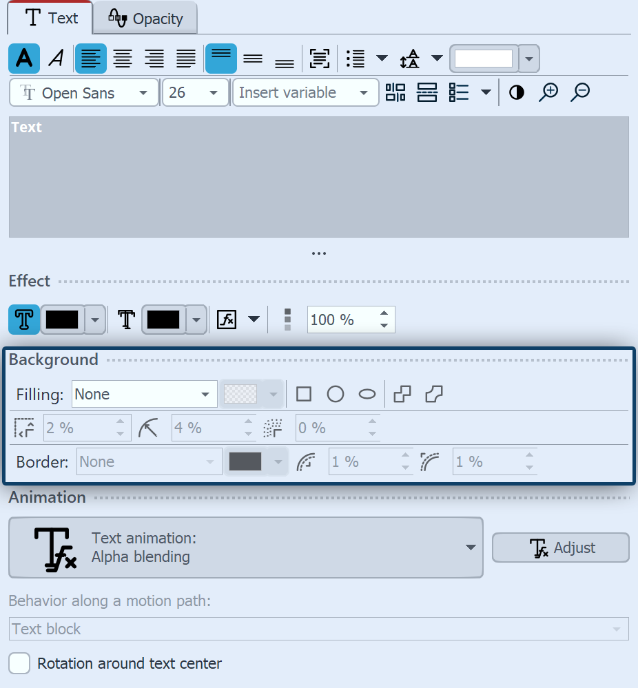 Settings for text background