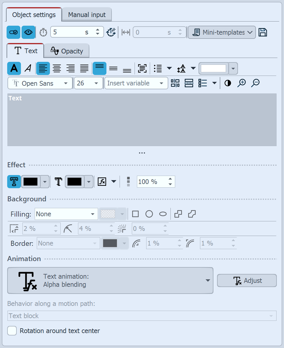Properties for Text object
